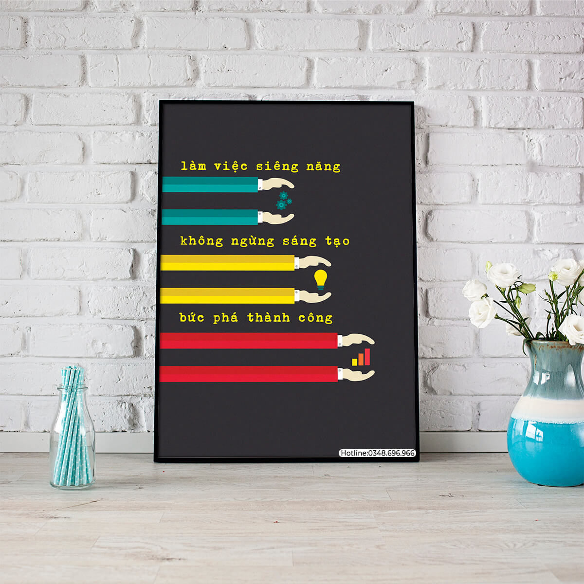 In tranh treo tường, tranh slogan giá tốt Làm việc siêng năng, không ngừng sáng tạo, bức phá thành công